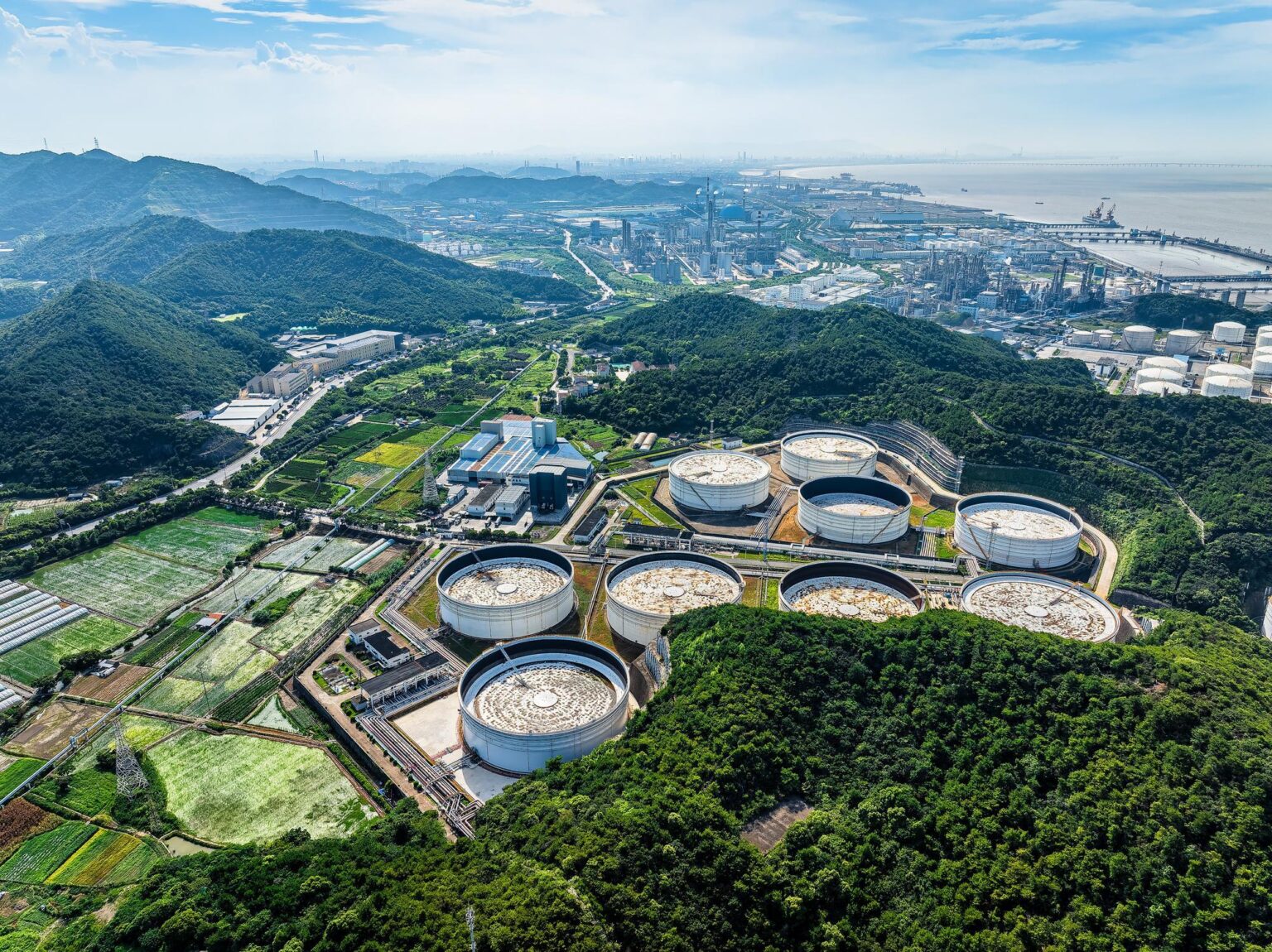 Aerial view of petroleum storage tanks at the Aoshan Island facility