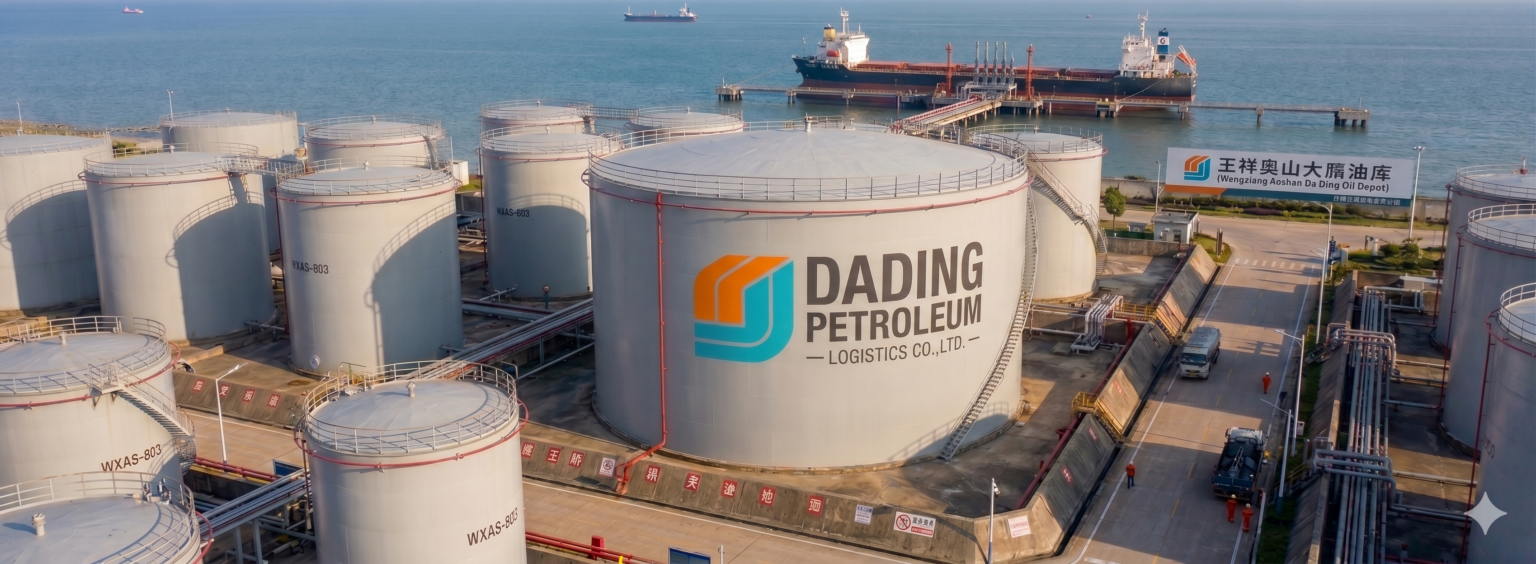 Dading Petroleum Logistics storage tanks beside a marine terminal and tanker