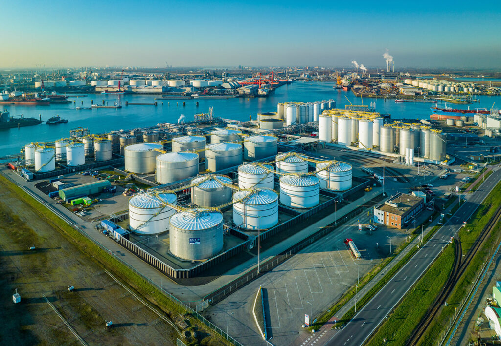 Rows of petroleum storage tanks and terminal infrastructure