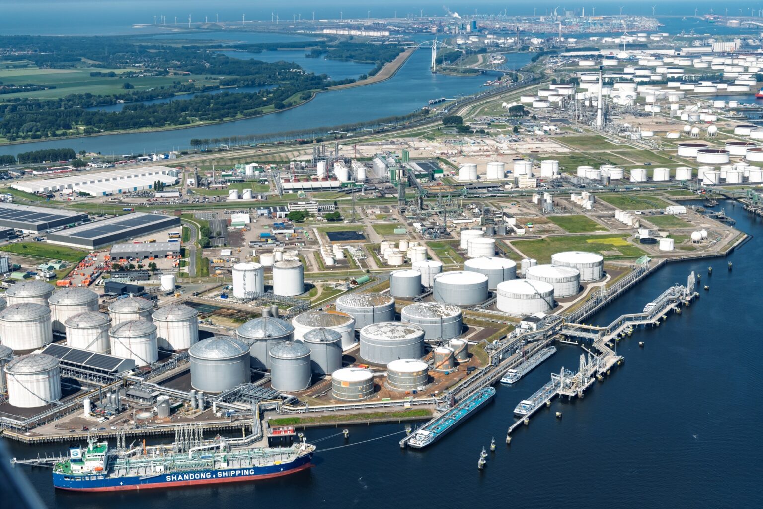 Aerial view of the Rotterdam petroleum storage terminal and waterfront berths