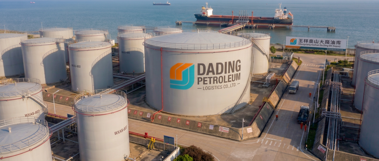 Dading Petroleum Logistics storage tanks beside a marine terminal and tanker