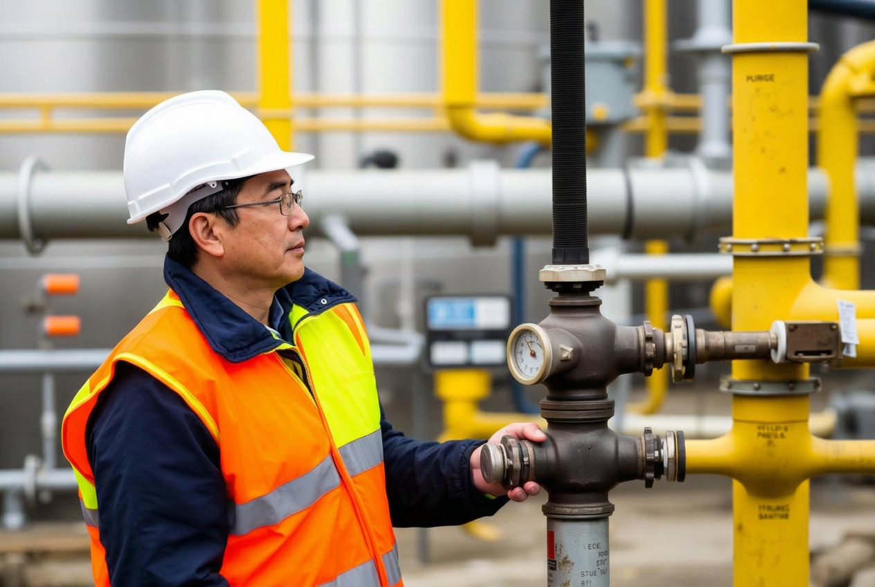 Terminal personnel carrying out a safety inspection at a petroleum storage facility