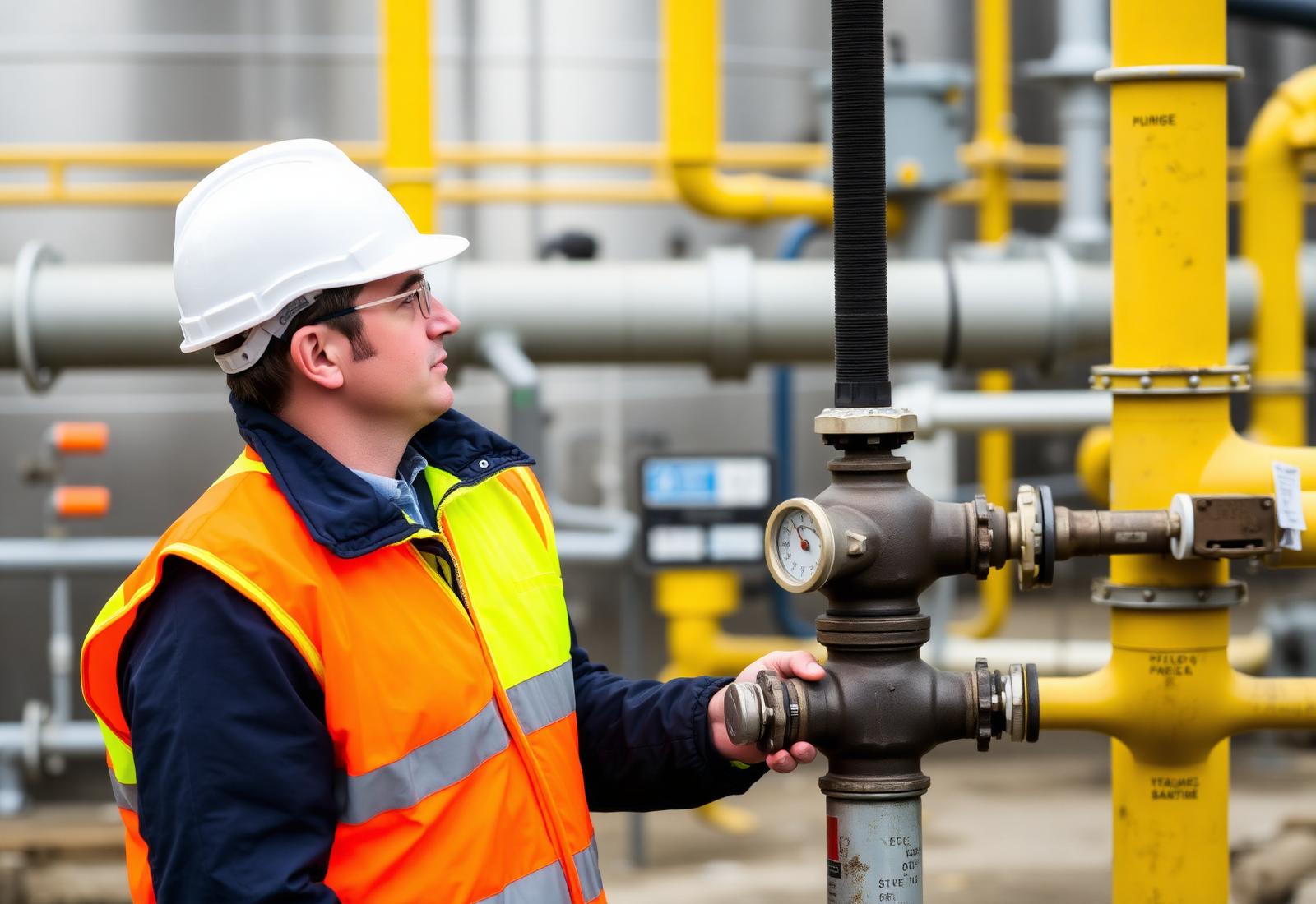 Safety inspector in hard hat and hi-vis vest checking valves at an oil storage facility